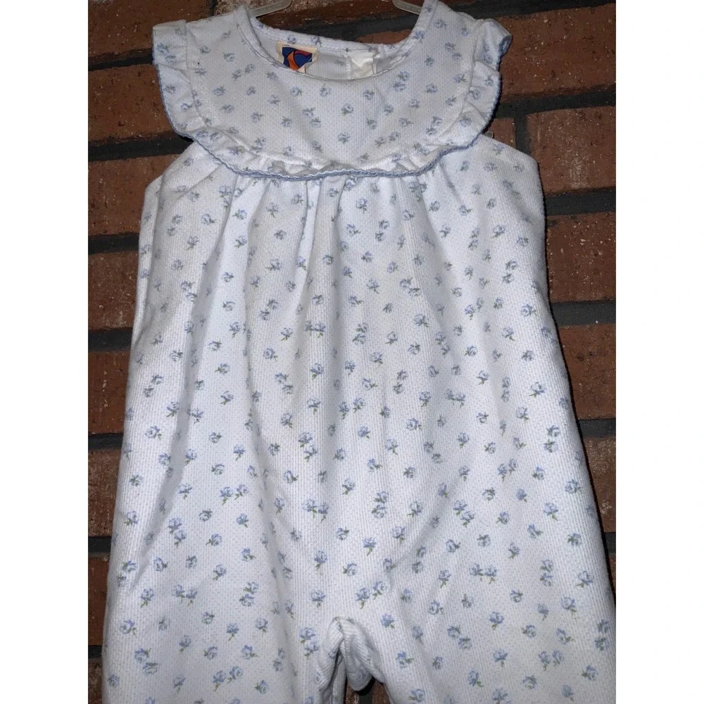 Vintage Carter's White Blue Floral Sleeveless Romper Overalls Size 12M